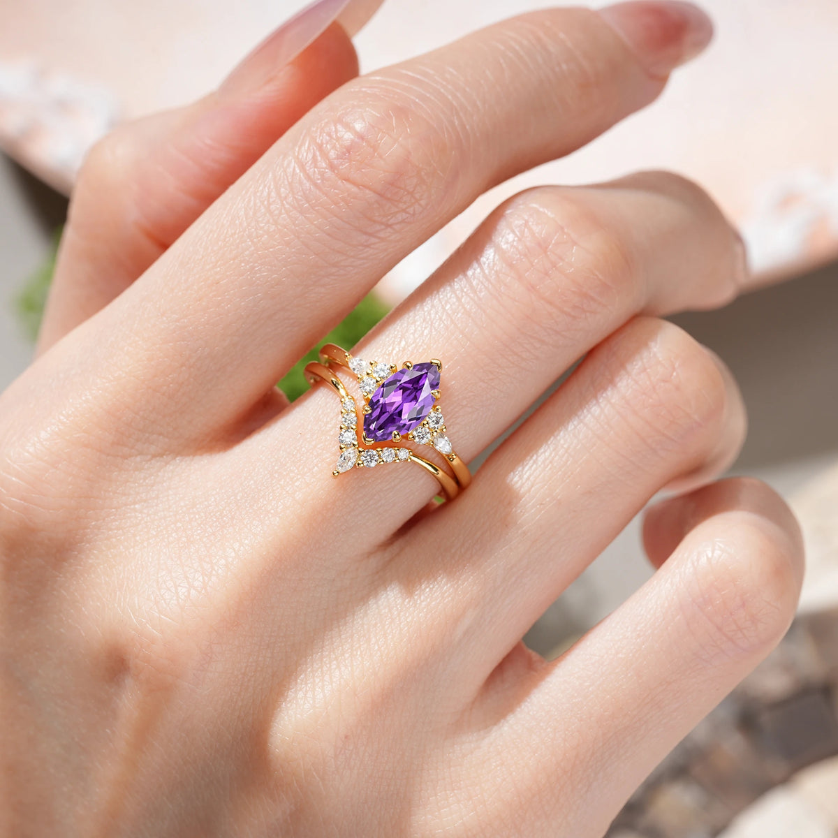Marquise Cut Amethyst Cluster Halo Chevron Bridal Ring Set