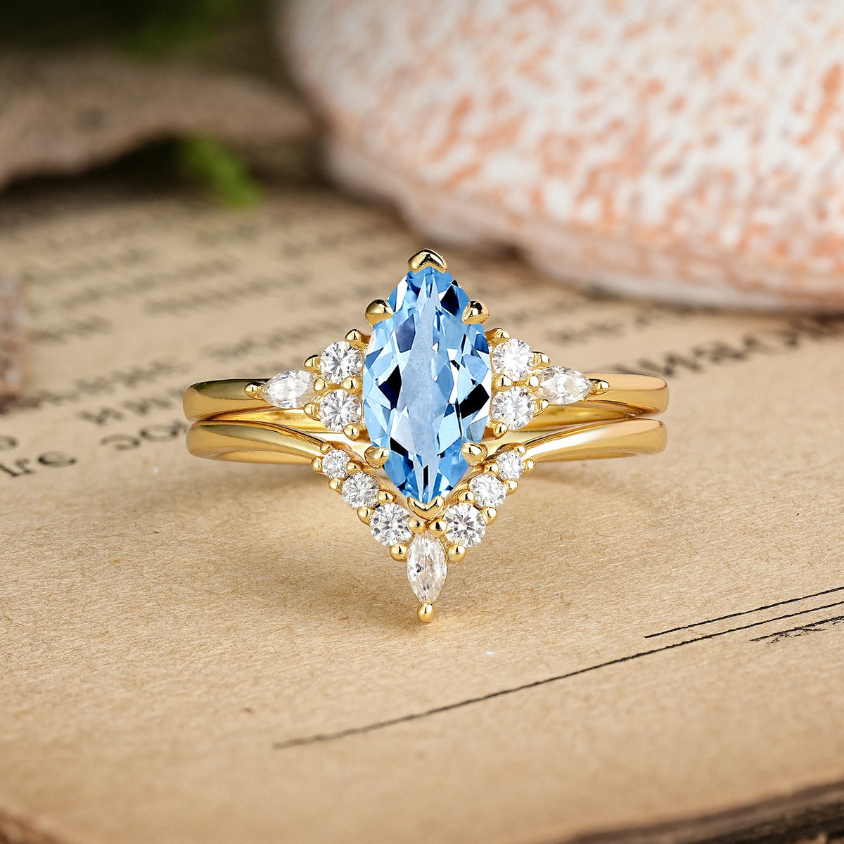 Marquise Cut Aquamarine Cluster Halo Chevron Bridal Ring Set