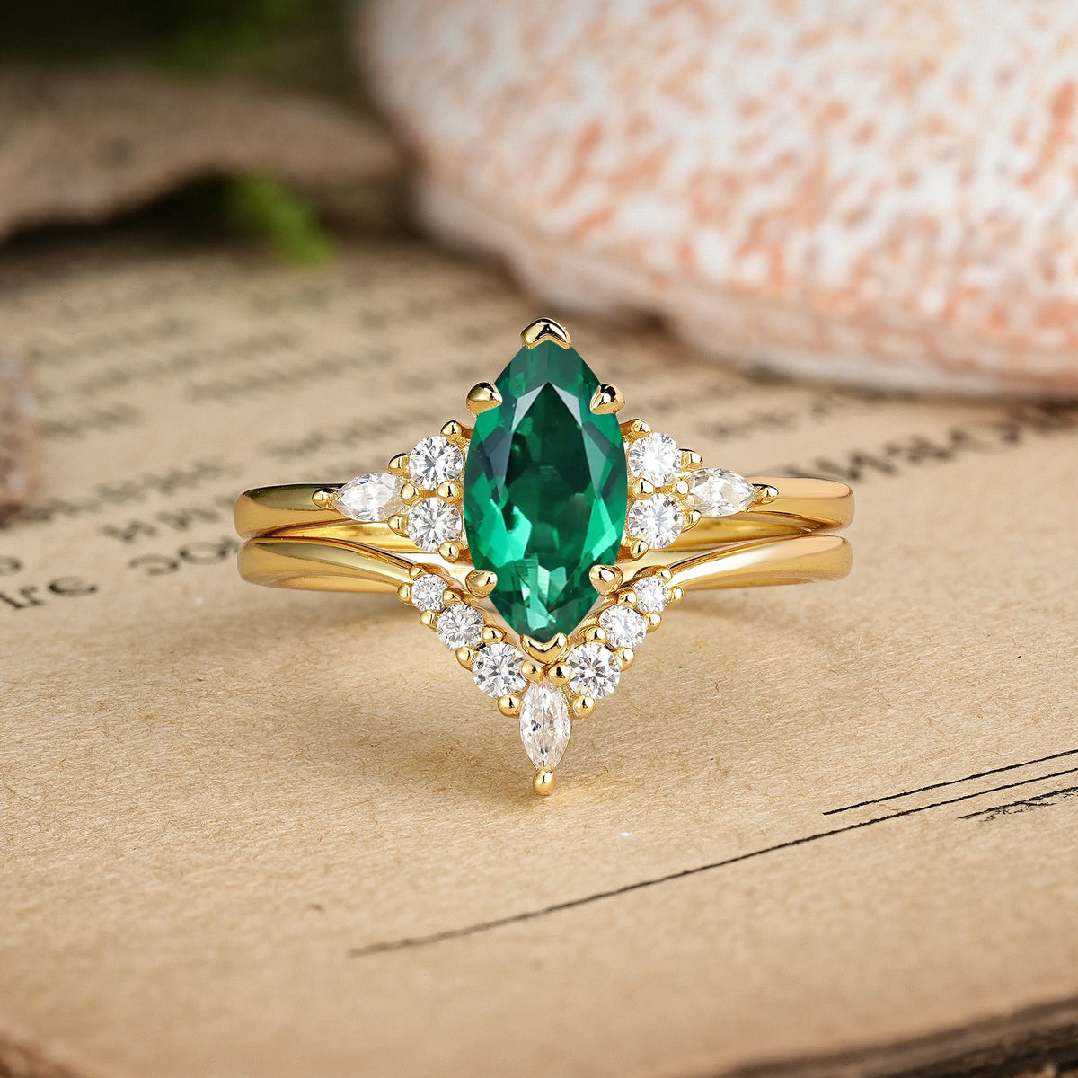 Marquise Cut Emerald Cluster Halo Chevron Bridal Ring Set