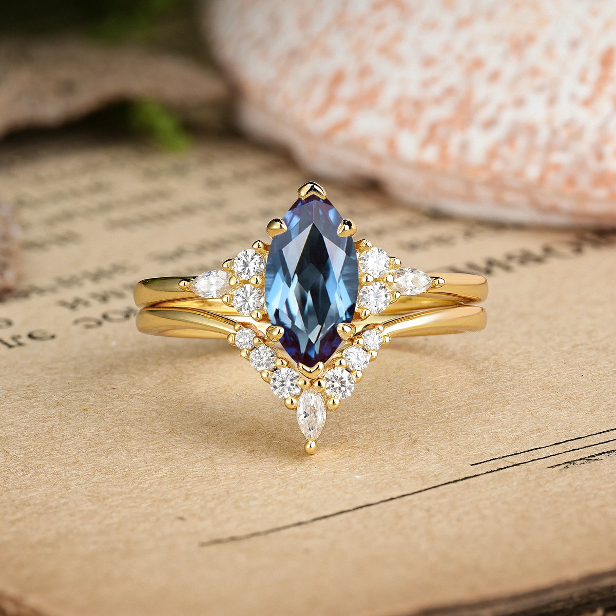 Marquise Cut Alexandrite Cluster Halo Chevron Bridal Ring Set