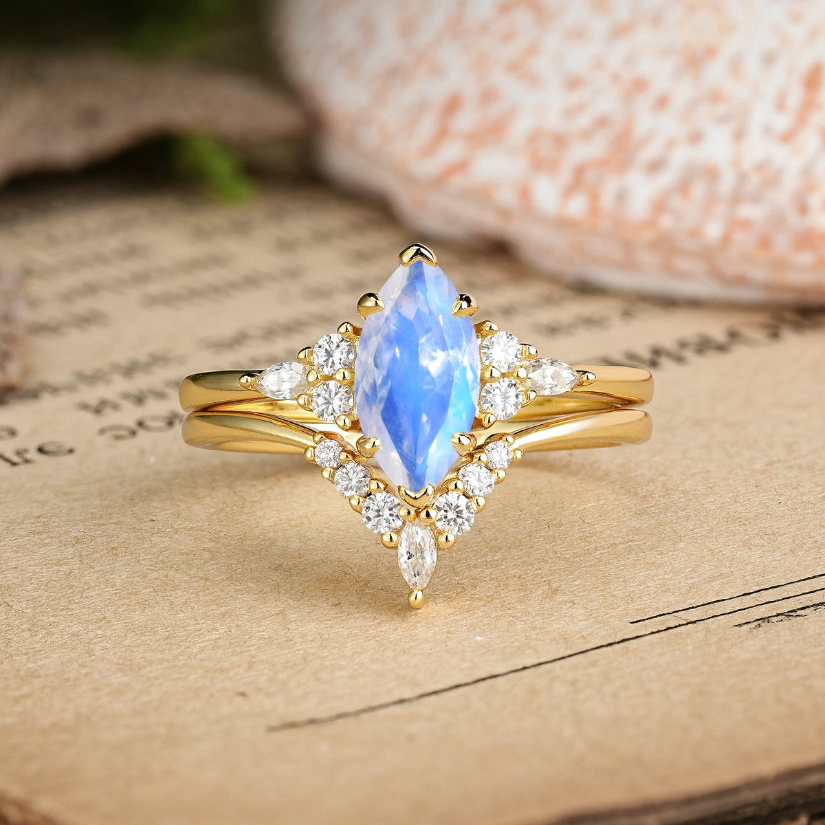 Marquise Cut Moonstone Cluster Halo Chevron Bridal Ring Set