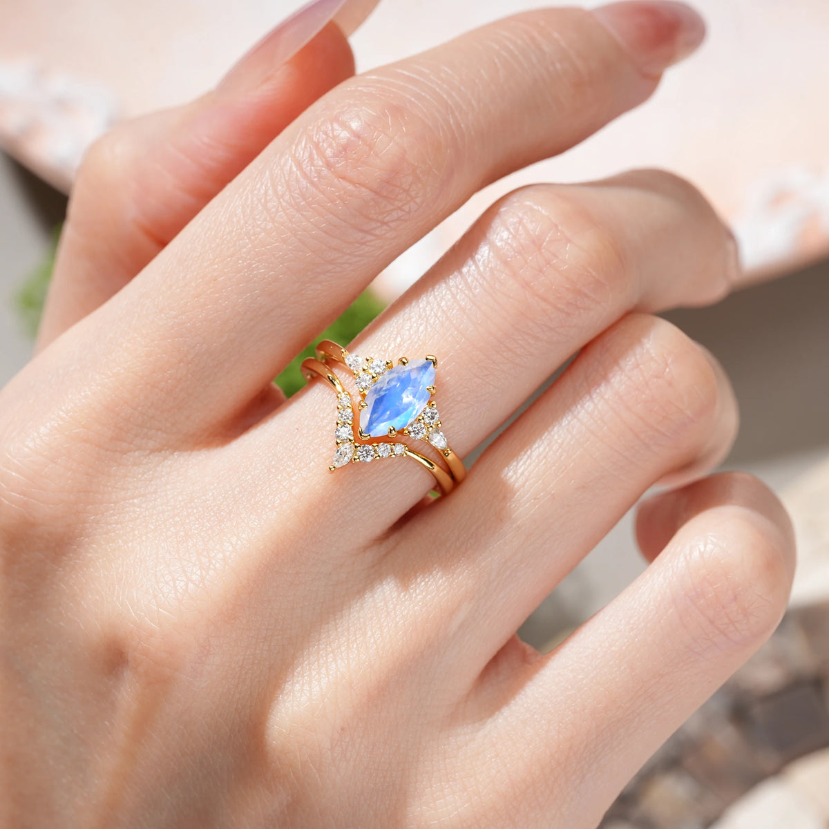 Marquise Cut Moonstone Cluster Halo Chevron Bridal Ring Set