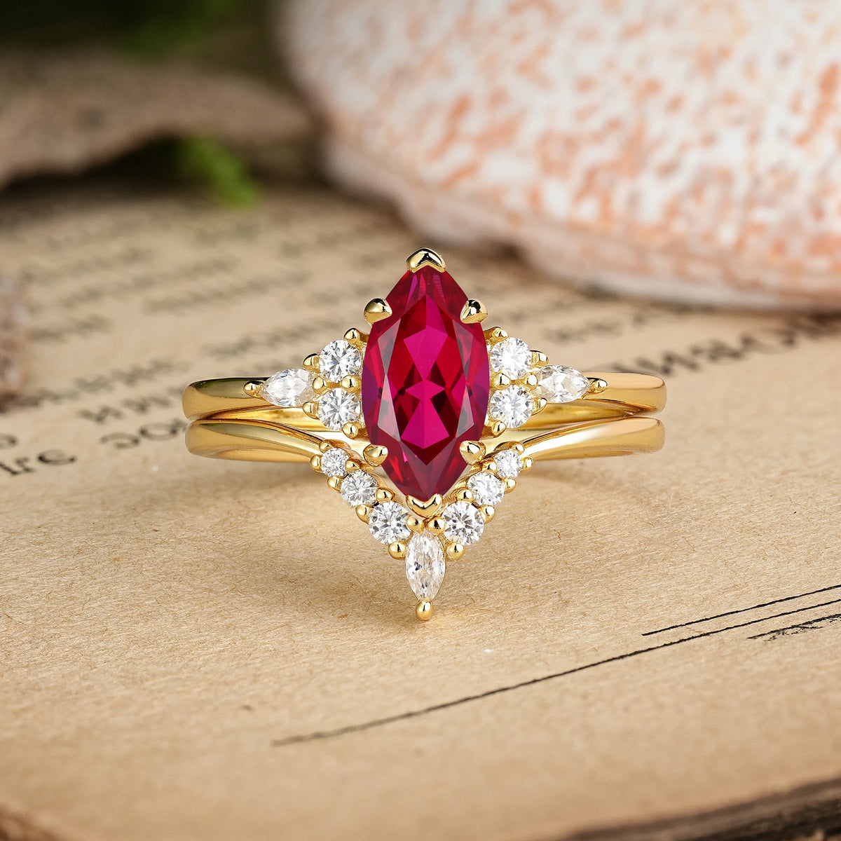 Marquise Cut Ruby Cluster Halo Chevron Bridal Ring Set