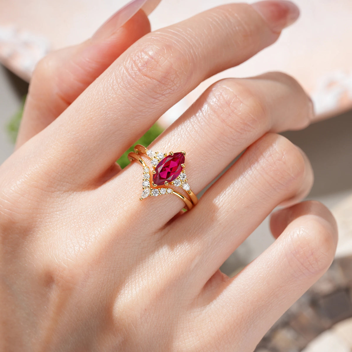 Marquise Cut Ruby Cluster Halo Chevron Bridal Ring Set