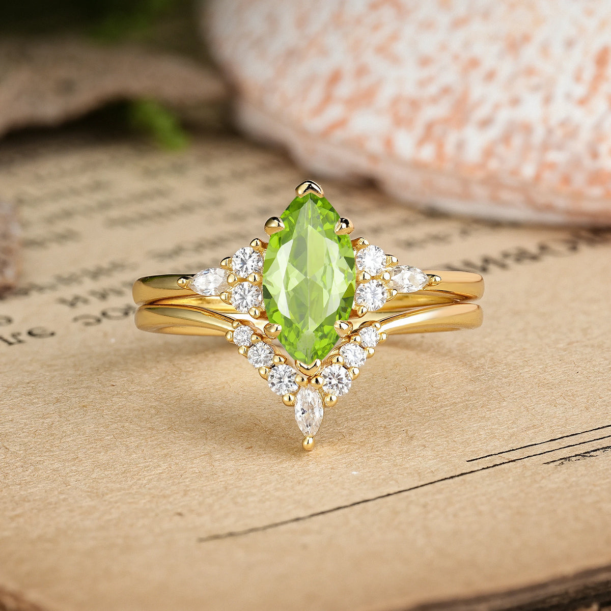 Marquise Cut Peridot Cluster Halo Chevron Bridal Ring Set