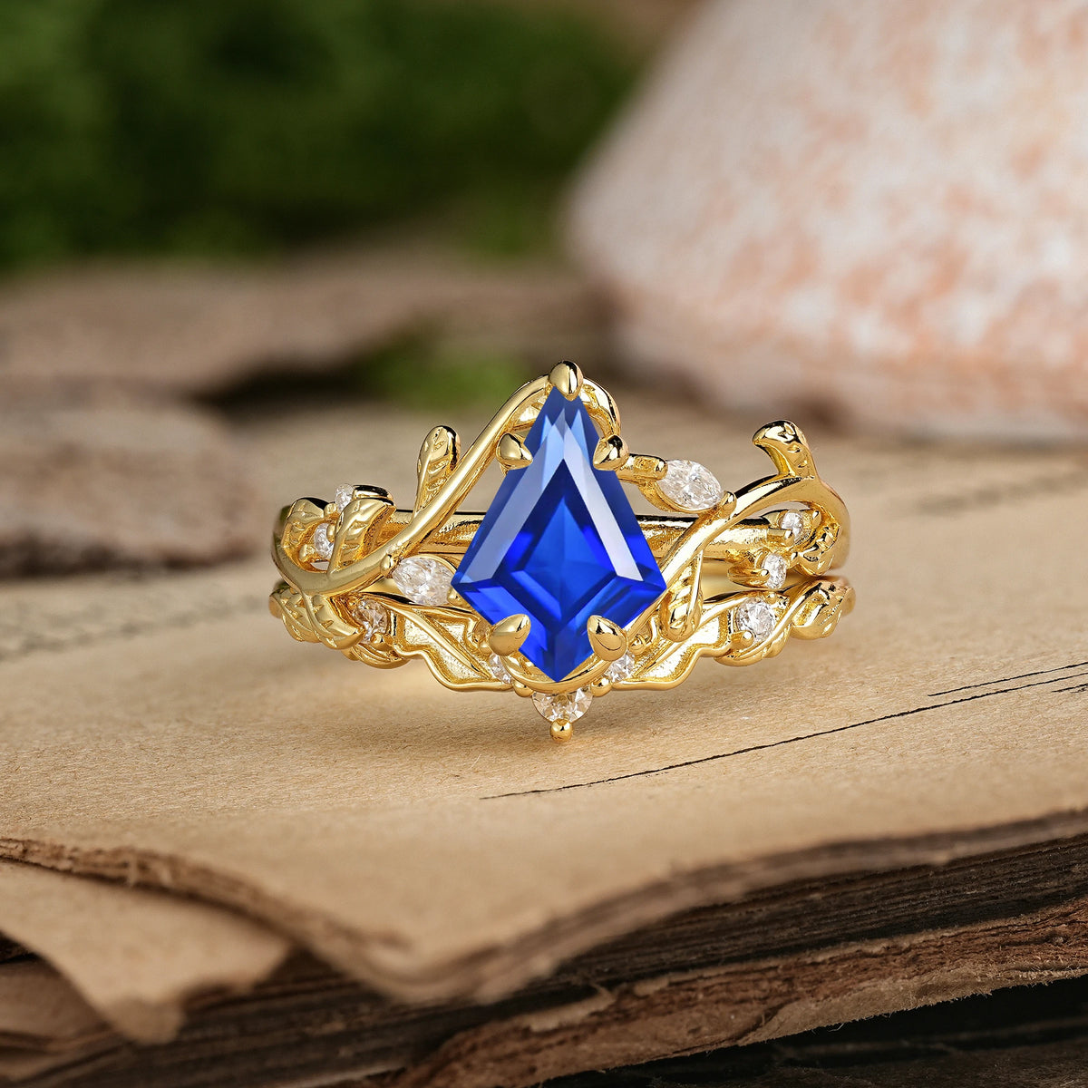 Kite Cut Sapphire Art Nouveau Leaf Vine Bridal Ring Set