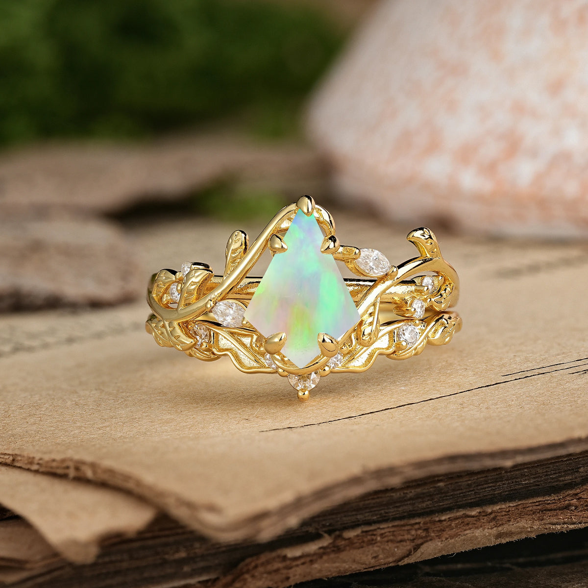 Kite Cut Fire Opal Art Nouveau Leaf Vine Bridal Ring Set