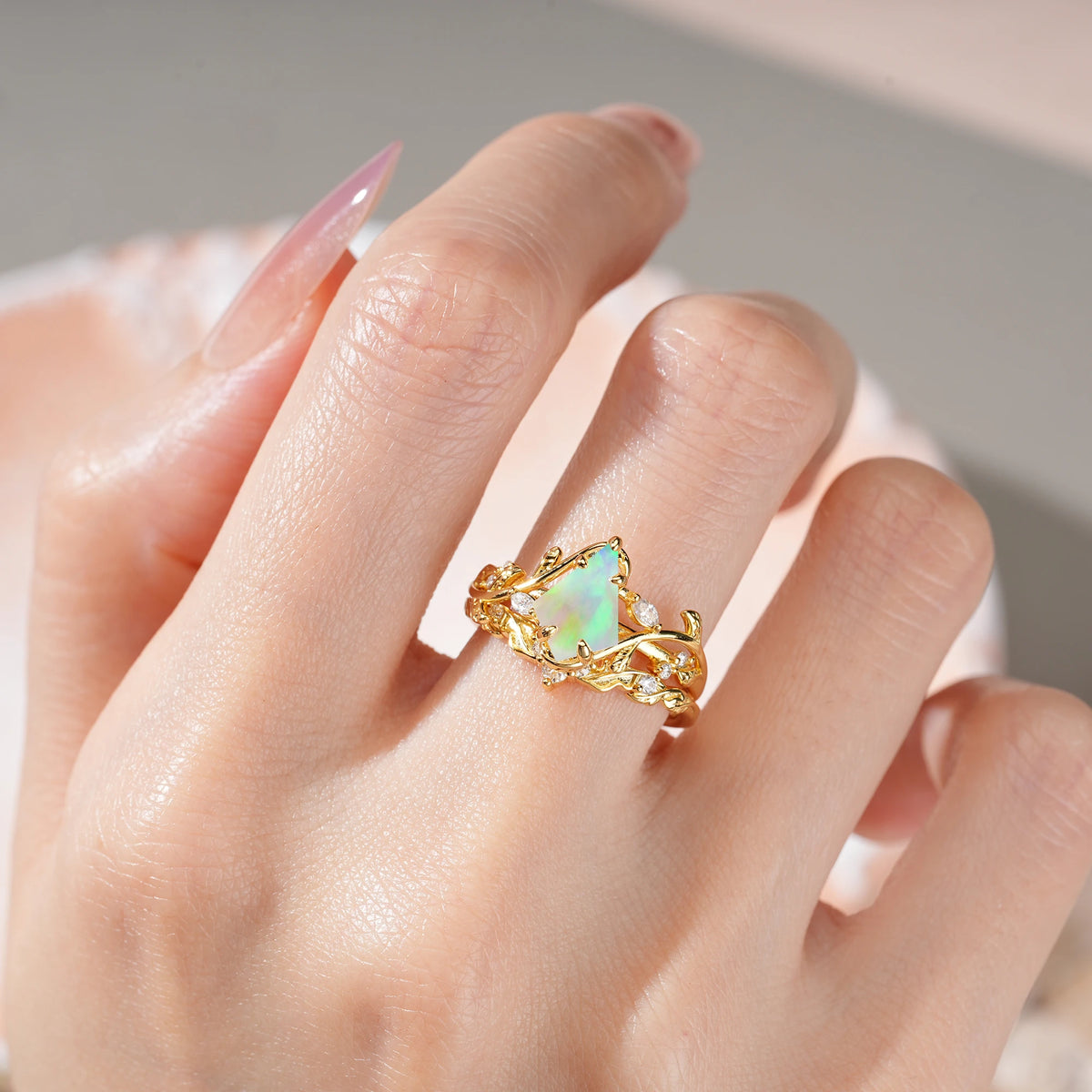 Kite Cut Fire Opal Art Nouveau Leaf Vine Bridal Ring Set