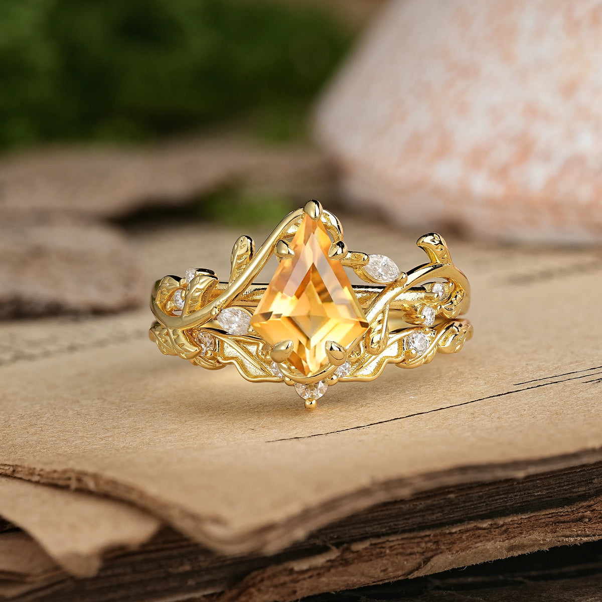 Kite Cut Citrine Art Nouveau Leaf Vine Bridal Ring Set