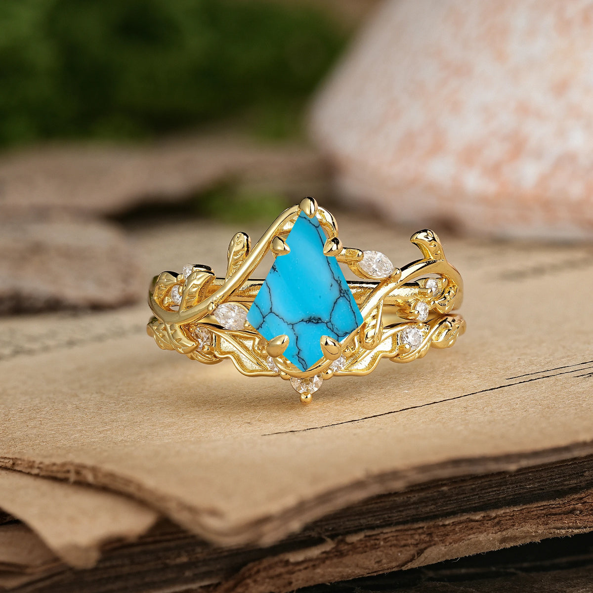 Kite Cut Turquoise Art Nouveau Leaf Vine Bridal Ring Set