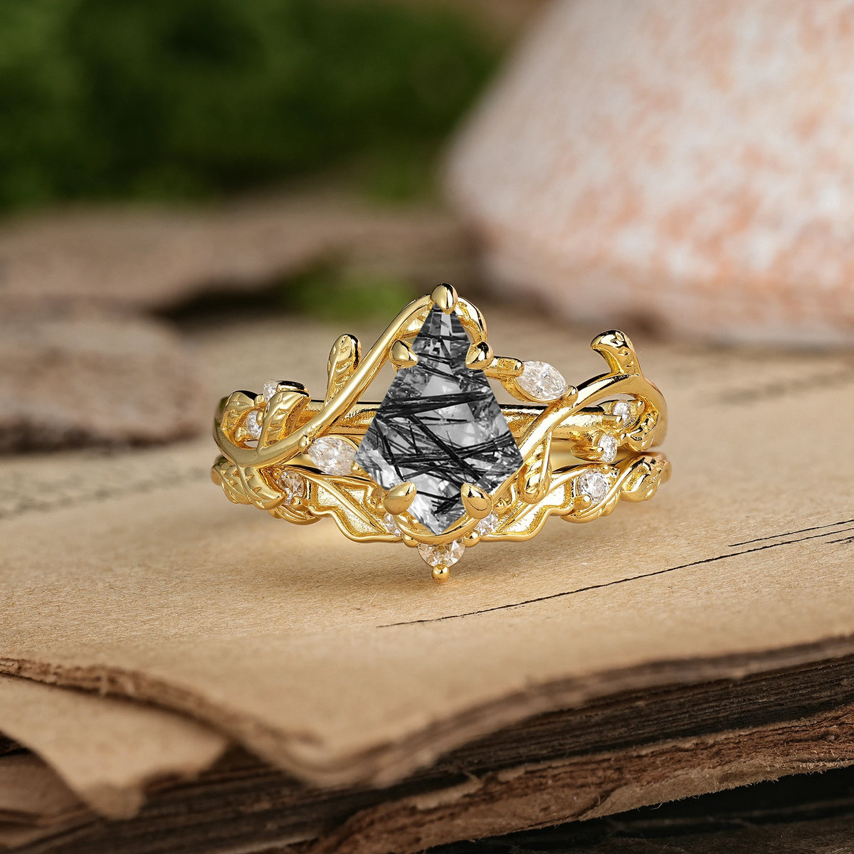 Kite Cut Black Rutilated Quartz Art Nouveau Leaf Vine Bridal Ring Set