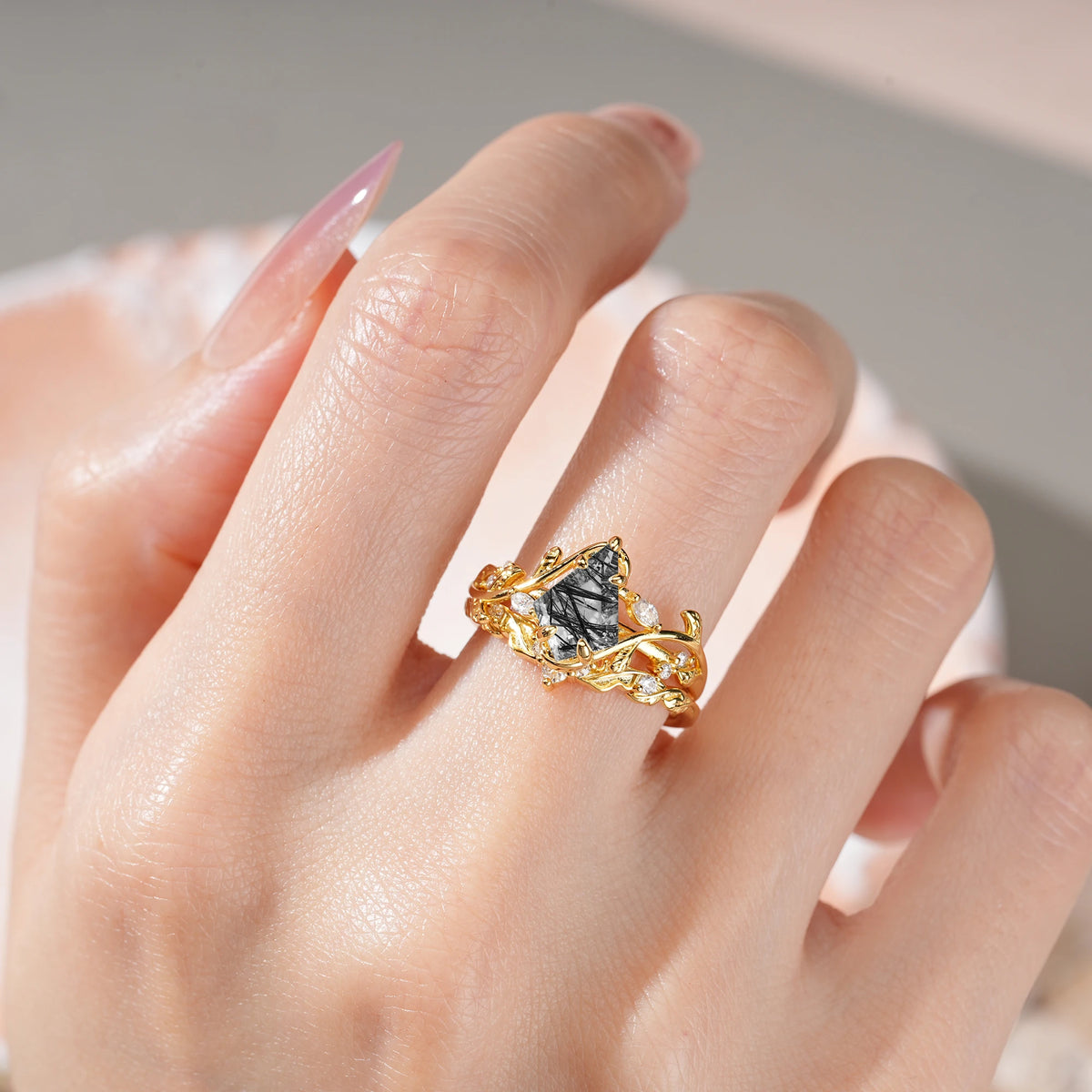 Kite Cut Black Rutilated Quartz Art Nouveau Leaf Vine Bridal Ring Set