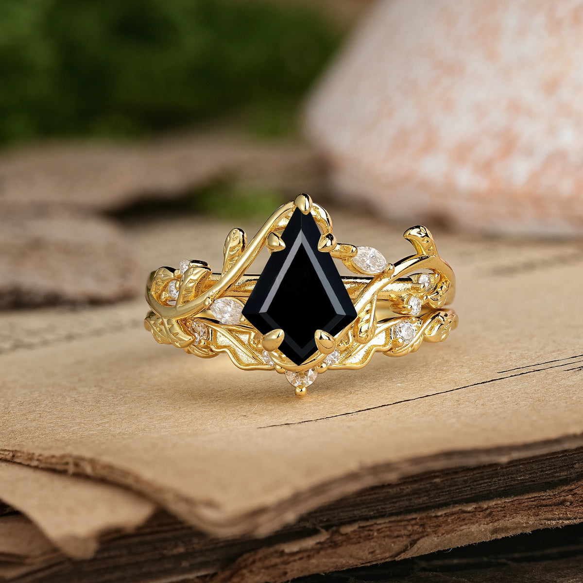 Kite Cut Black Onyx Art Nouveau Leaf Vine Bridal Ring Set