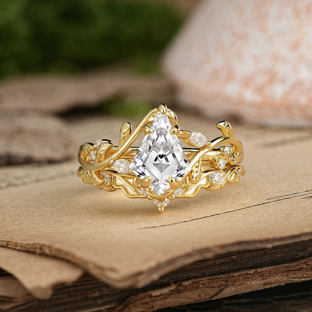 Kite Cut Lab Diamond Art Nouveau Leaf Vine Bridal Ring Set