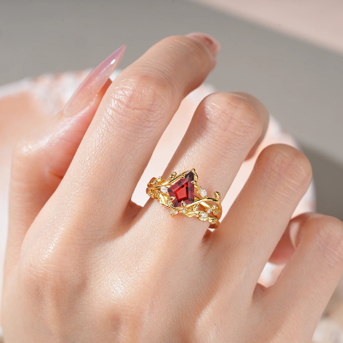 Kite Cut Garnet Art Nouveau Leaf Vine Bridal Ring Set