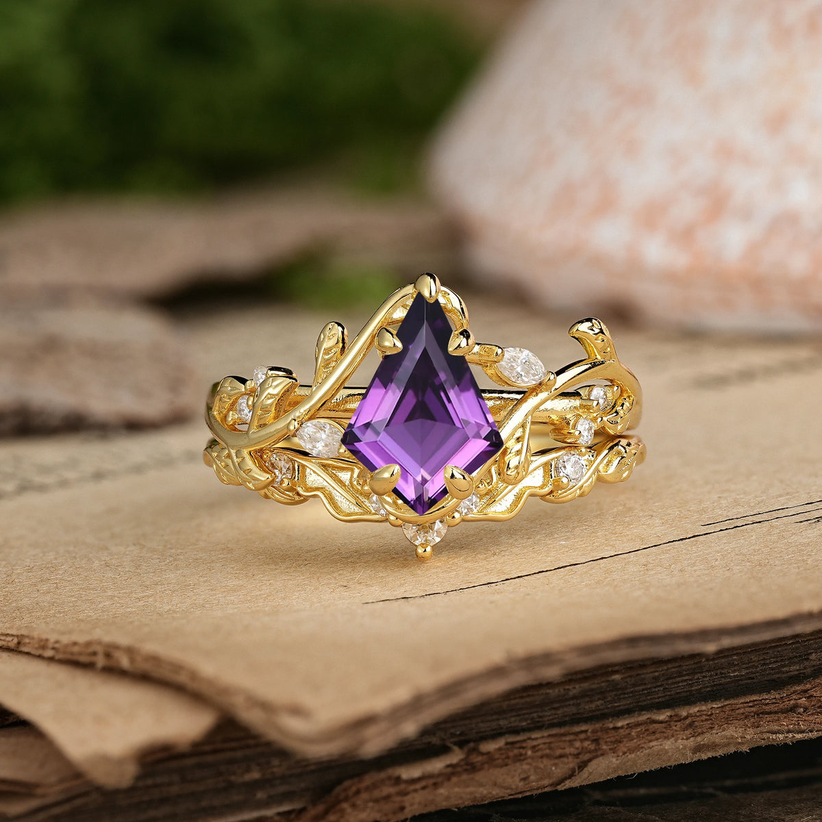 Kite Cut Amethyst Art Nouveau Leaf Vine Bridal Ring Set