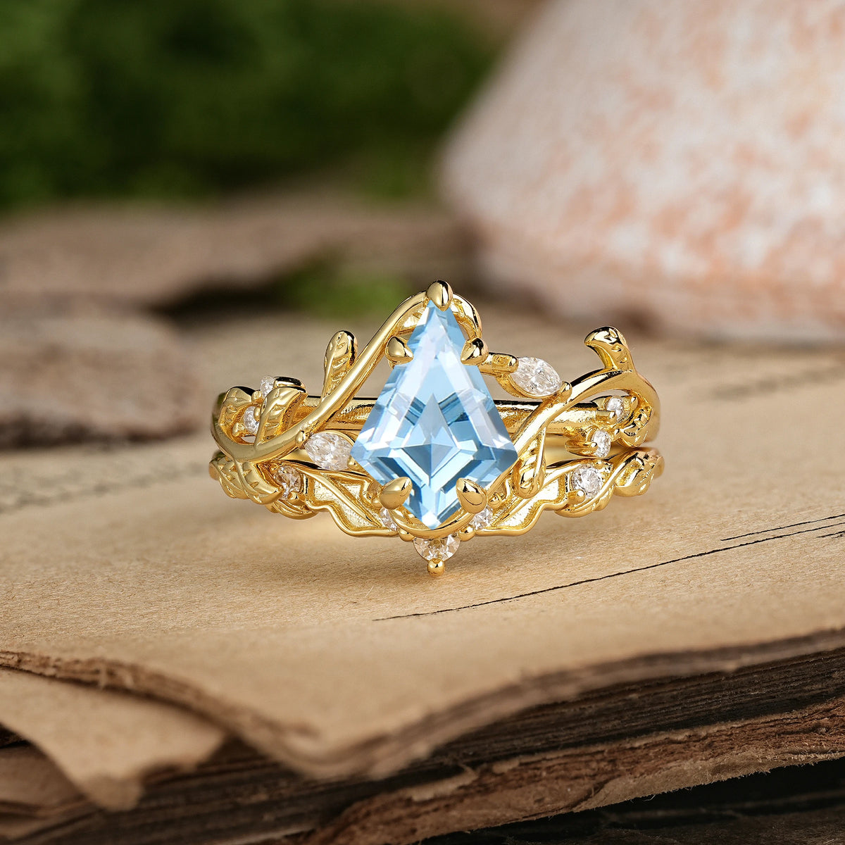 Kite Cut Aquamarine Art Nouveau Leaf Vine Bridal Ring Set