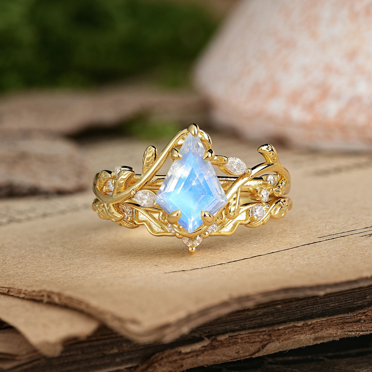Kite Cut Moonstone Art Nouveau Leaf Vine Bridal Ring Set