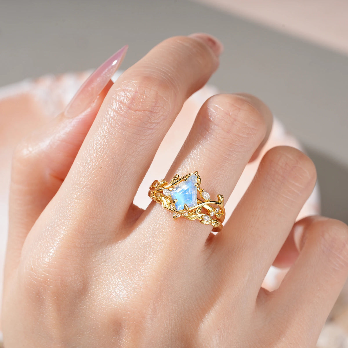 Kite Cut Moonstone Art Nouveau Leaf Vine Bridal Ring Set