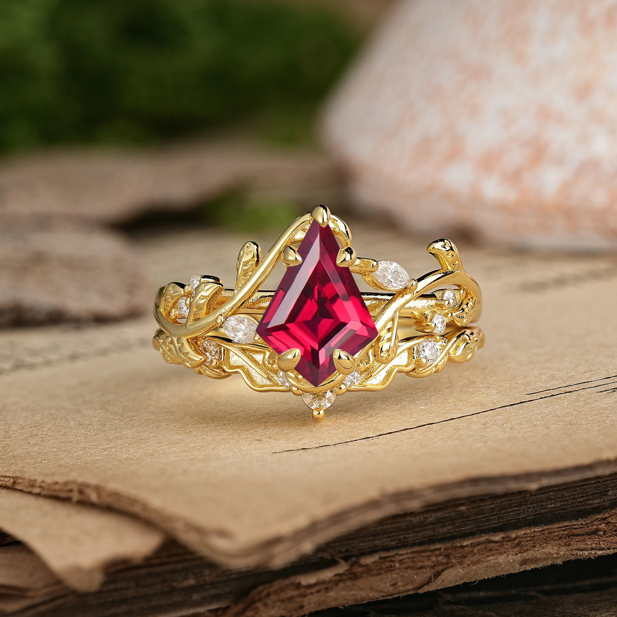 Kite Cut Ruby Art Nouveau Leaf Vine Bridal Ring Set