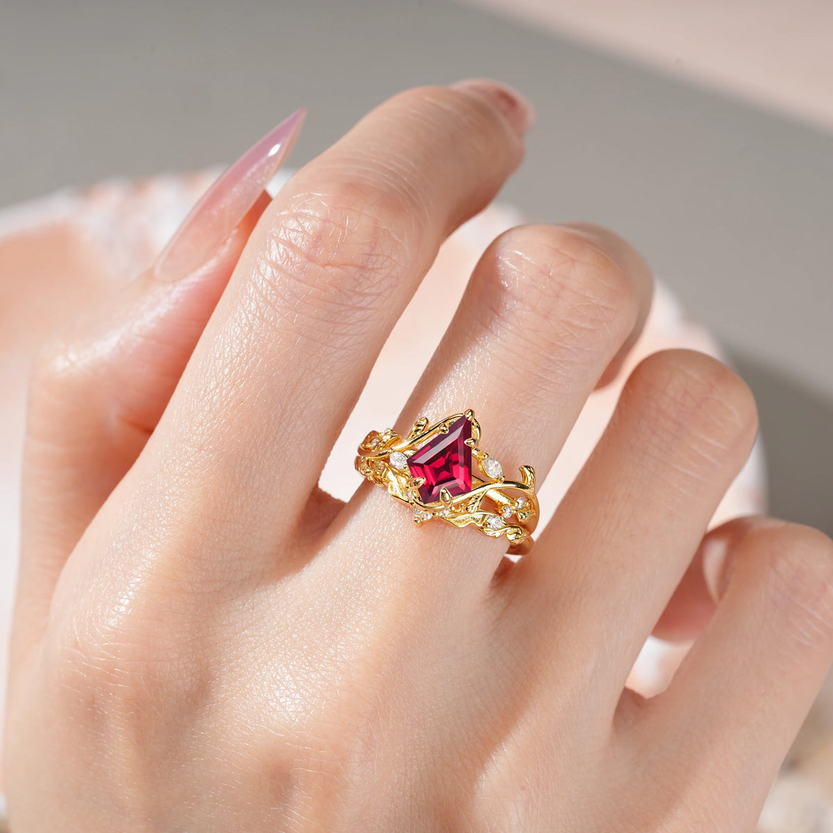 Kite Cut Ruby Art Nouveau Leaf Vine Bridal Ring Set