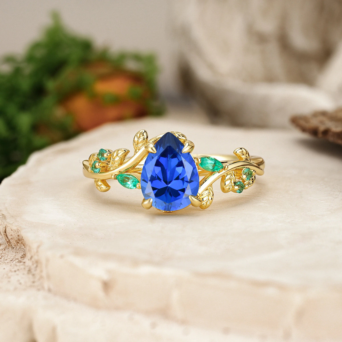 Pear Cut Sapphire Botanical Leaf Engagement Ring