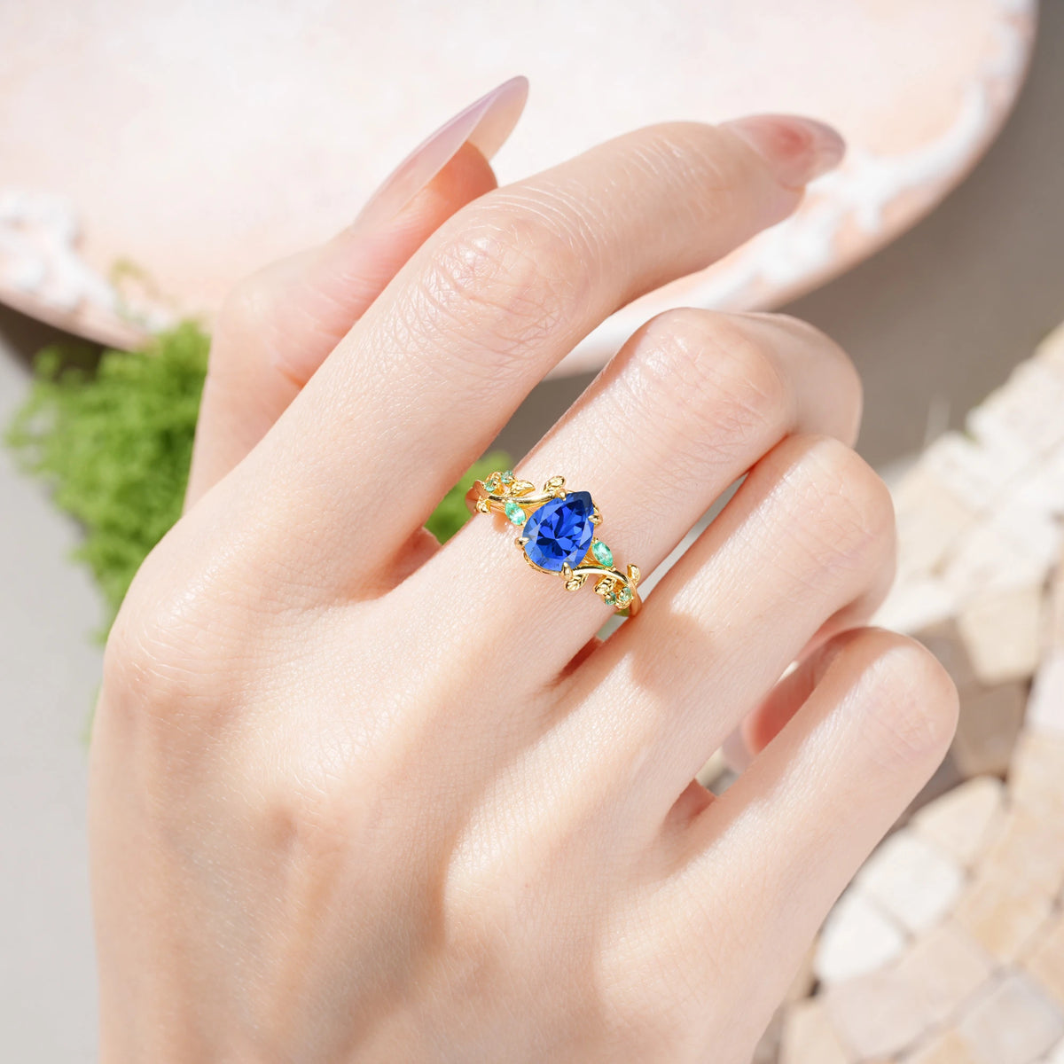 Pear Cut Sapphire Botanical Leaf Engagement Ring
