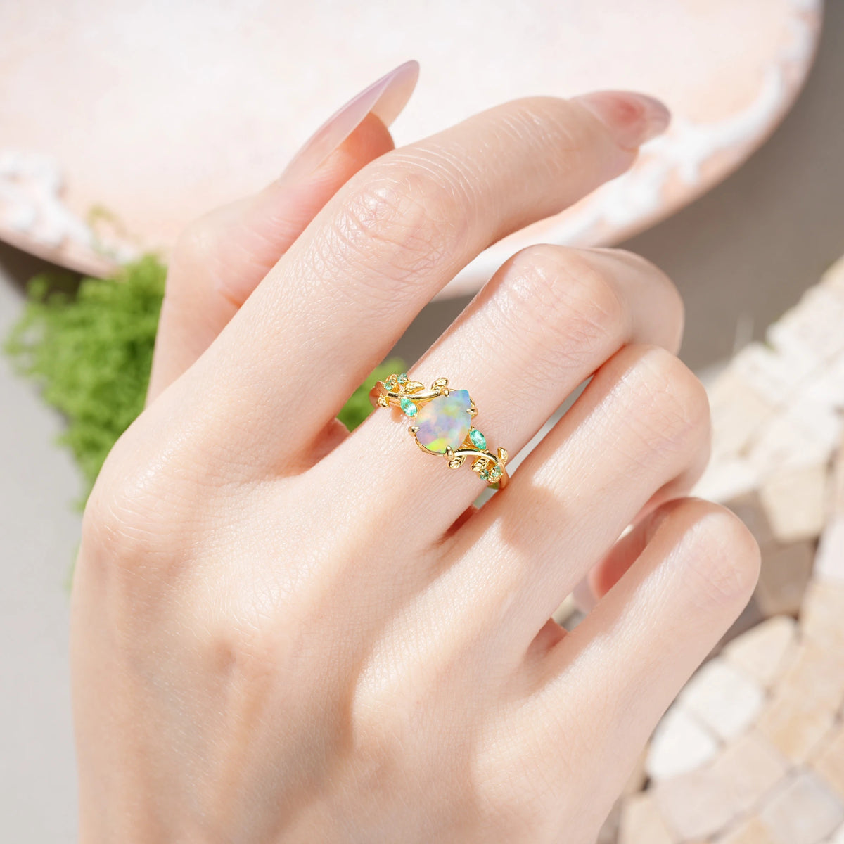 Pear Cut Fire Opal Botanical Leaf Engagement Ring