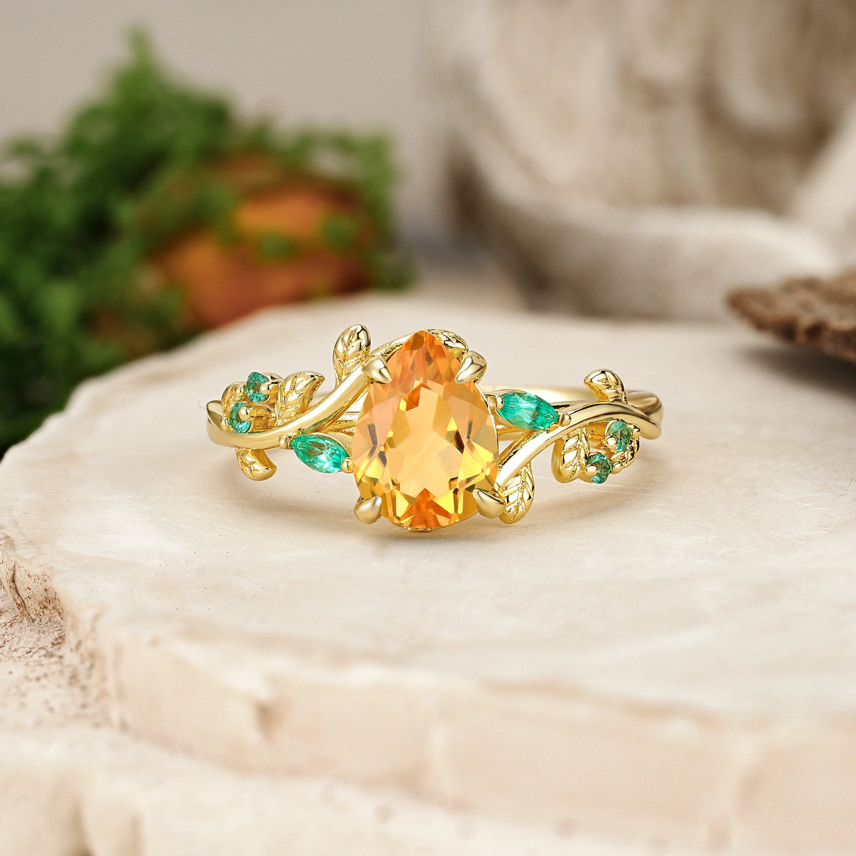 Pear Cut Citrine Botanical Leaf Engagement Ring