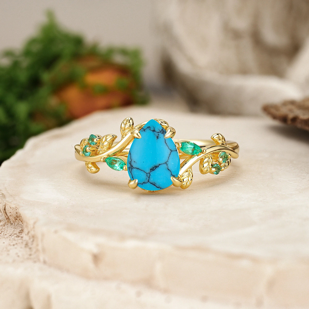 Pear Cut Turquoise Botanical Leaf Engagement Ring