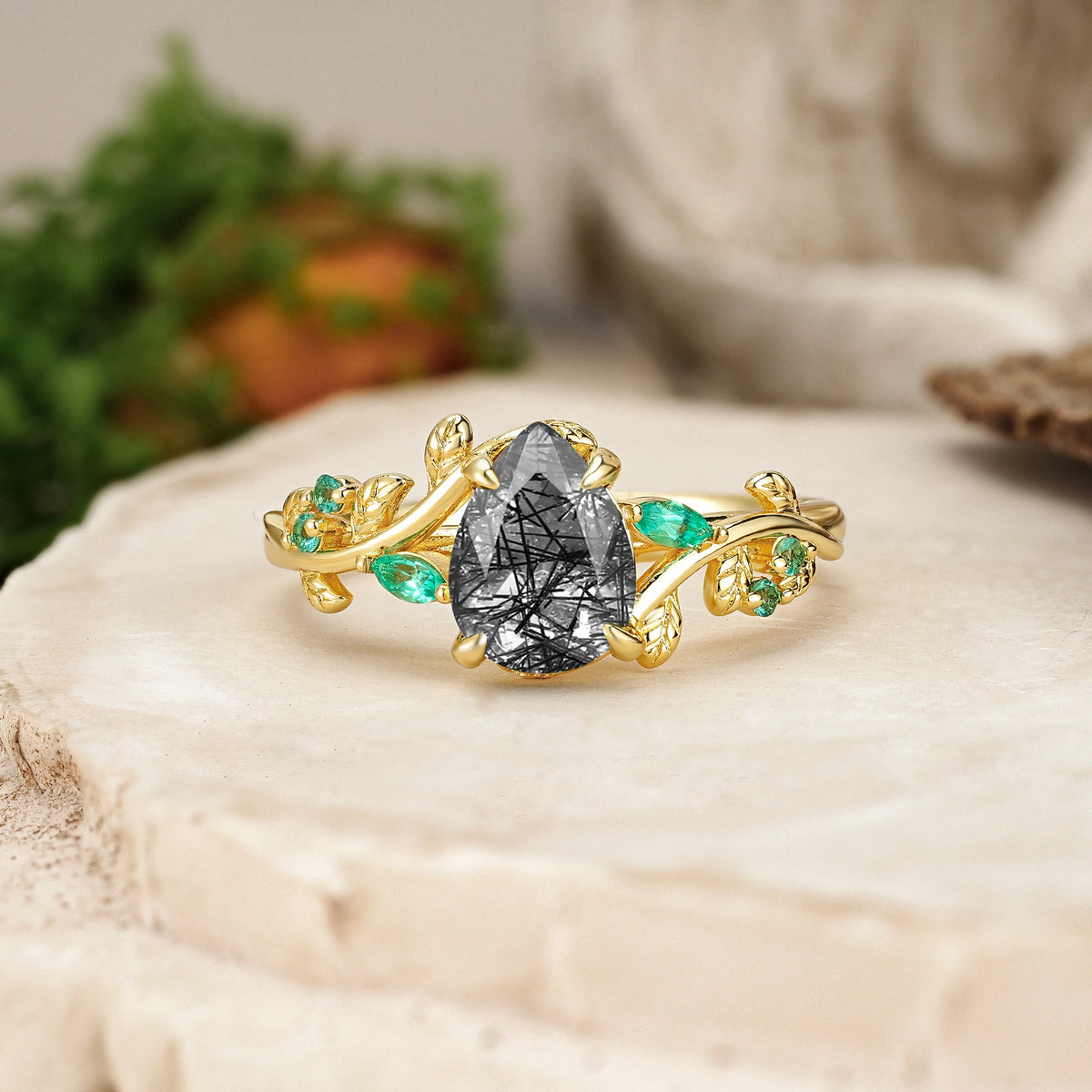 Pear Cut Black Rutilated Quartz Botanical Leaf Engagement Ring