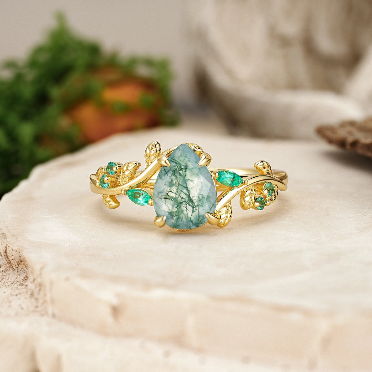 Pear Cut Moss Agate Botanical Leaf Engagement Ring