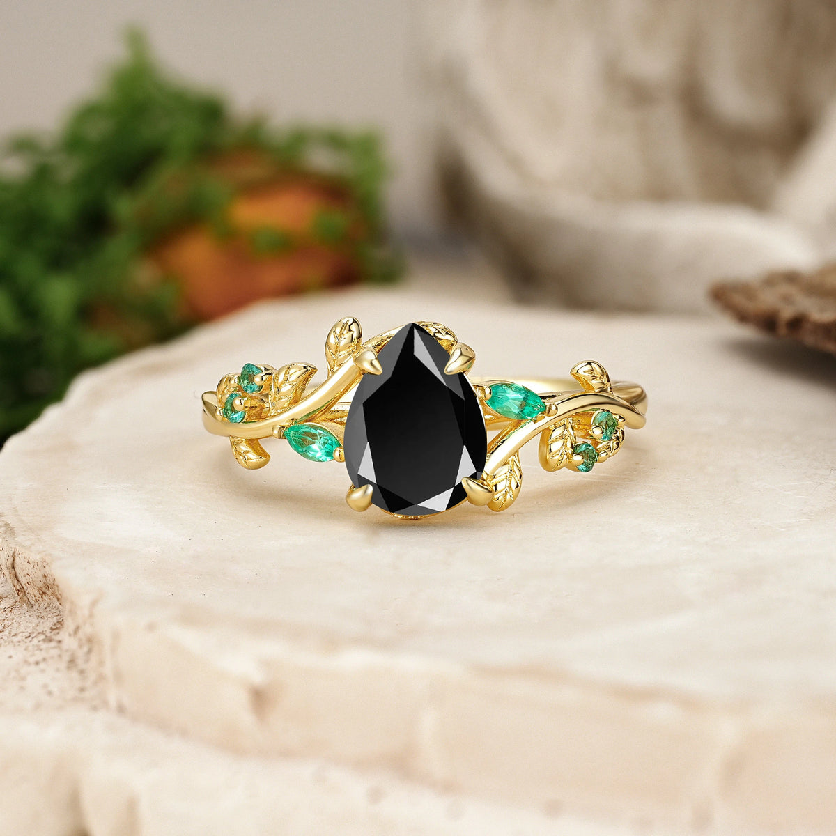 Pear Cut Black Onyx Botanical Leaf Engagement Ring