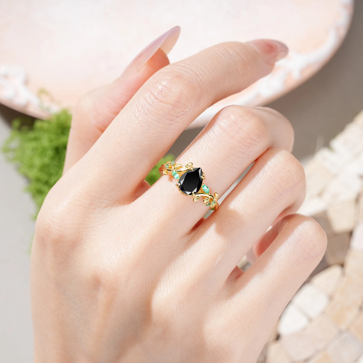 Pear Cut Black Onyx Botanical Leaf Engagement Ring