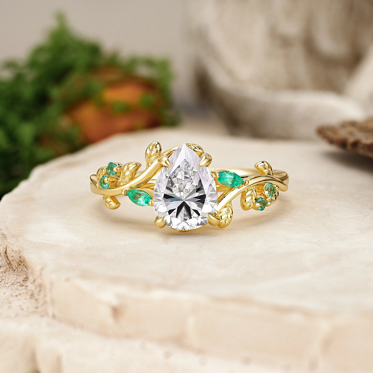 Pear Cut Lab Diamond Botanical Leaf Engagement Ring