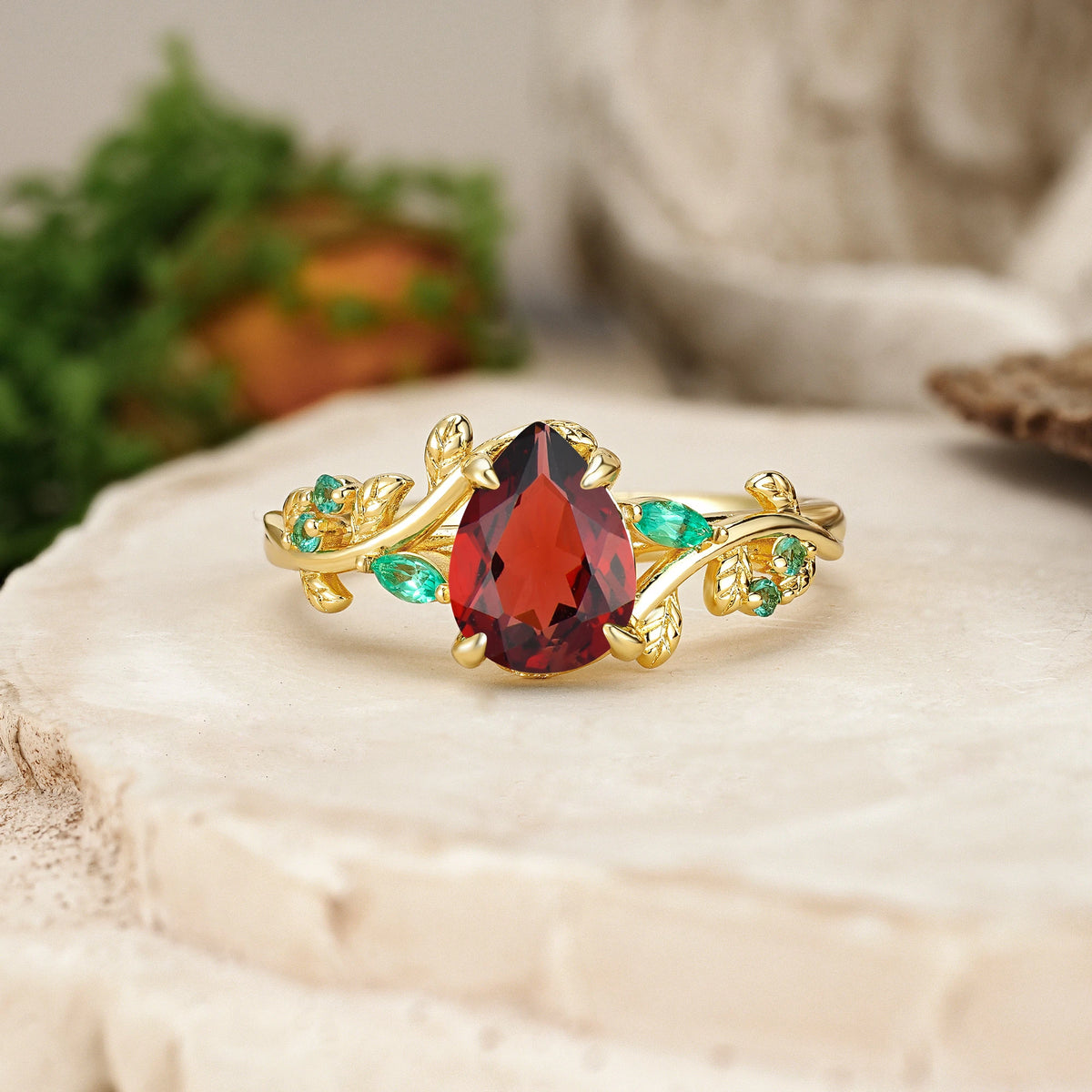 Pear Cut Garnet Botanical Leaf Engagement Ring