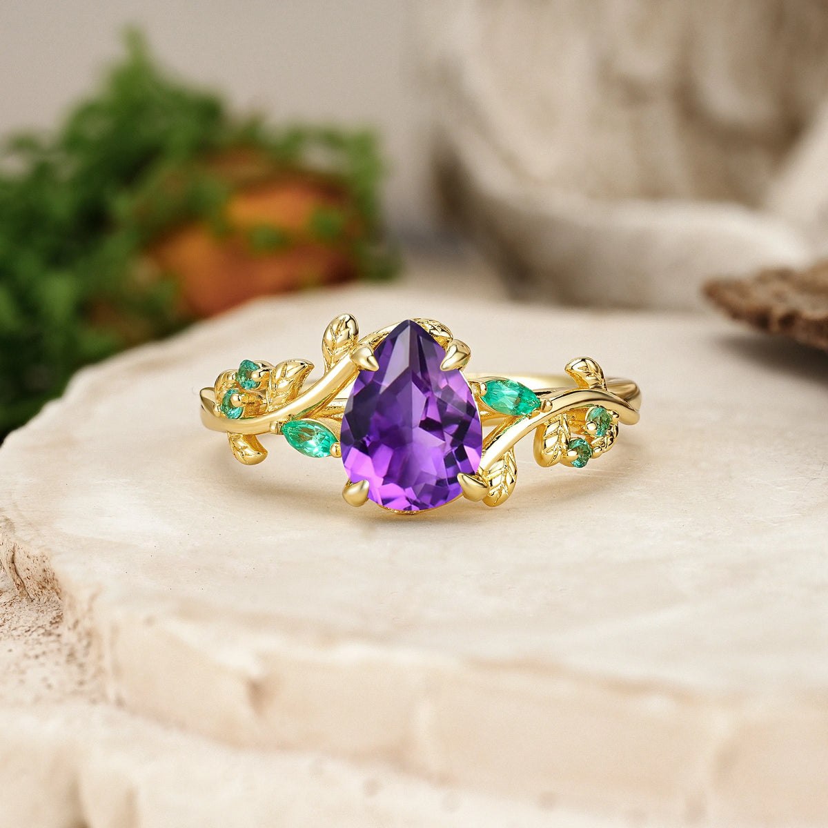 Pear Cut Amethyst Botanical Leaf Engagement Ring