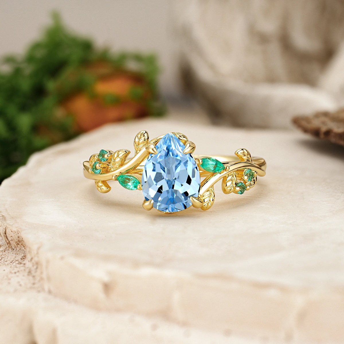 Pear Cut Aquamarine Botanical Leaf Engagement Ring