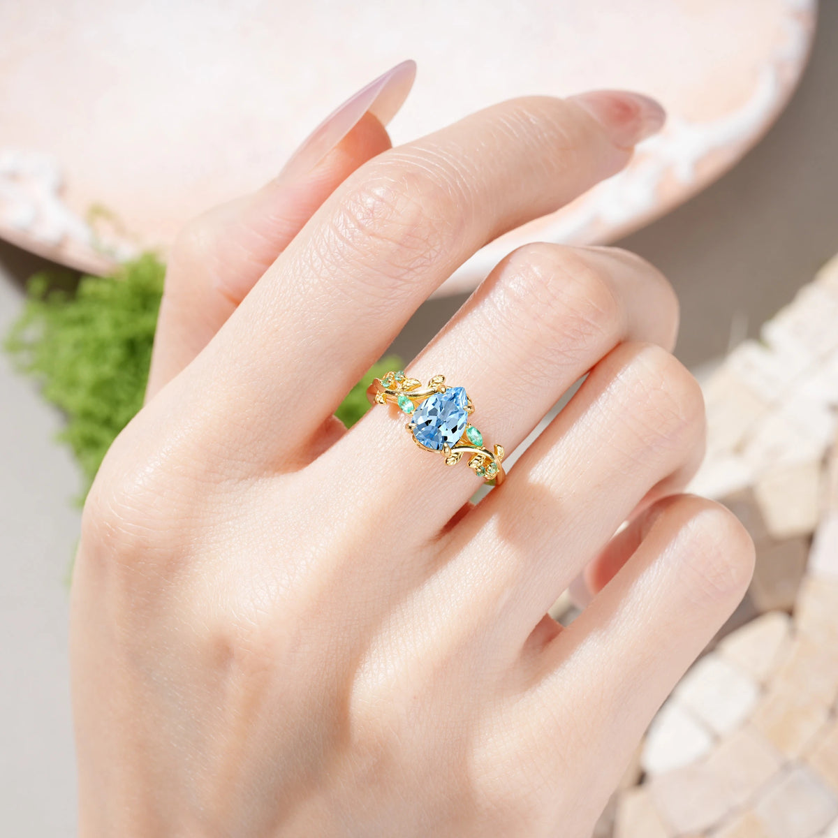 Pear Cut Aquamarine Botanical Leaf Engagement Ring