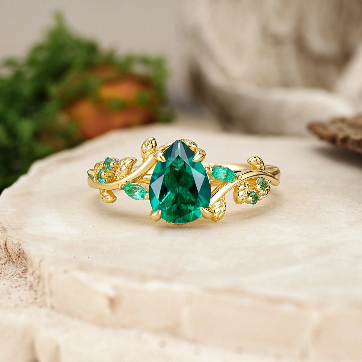 Pear Cut Emerald Botanical Leaf Engagement Ring