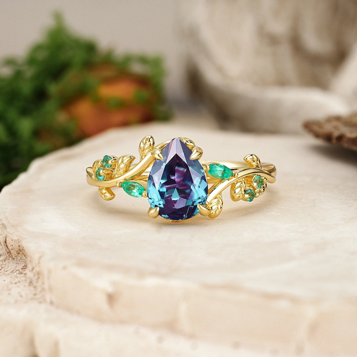 Pear Cut Alexandrite Botanical Leaf Engagement Ring