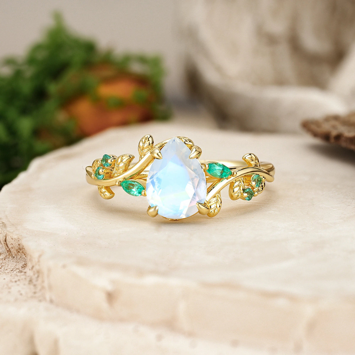 Pear Cut Moonstone Botanical Leaf Engagement Ring