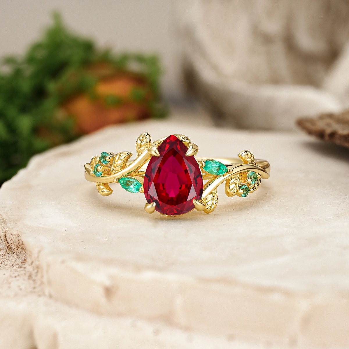 Pear Cut Ruby Botanical Leaf Engagement Ring