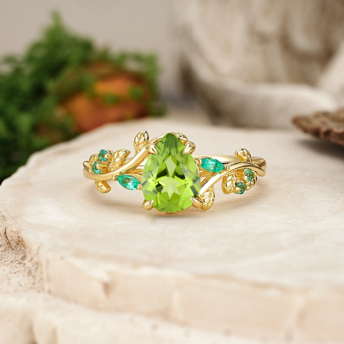 Pear Cut Peridot Botanical Leaf Engagement Ring