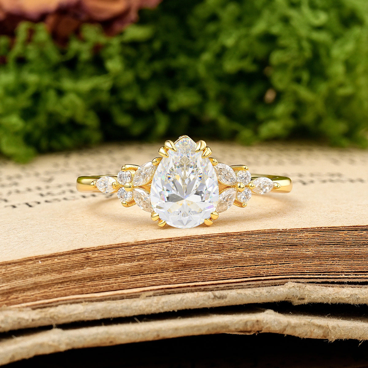 Pear Cut Moissanite Three Stone Cluster Engagement Ring