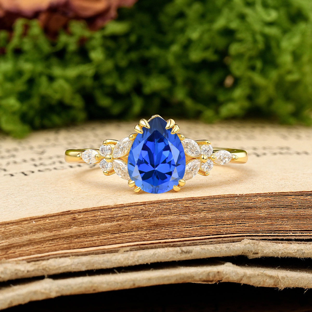 Pear Cut Sapphire Three Stone Cluster Engagement Ring