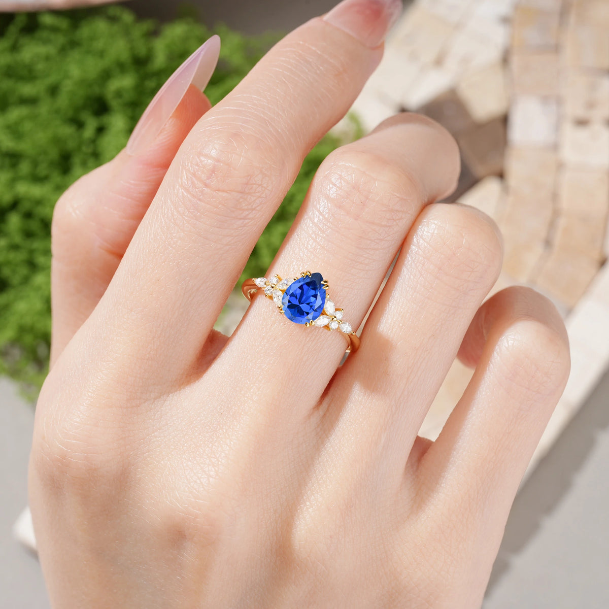 Pear Cut Sapphire Three Stone Cluster Engagement Ring