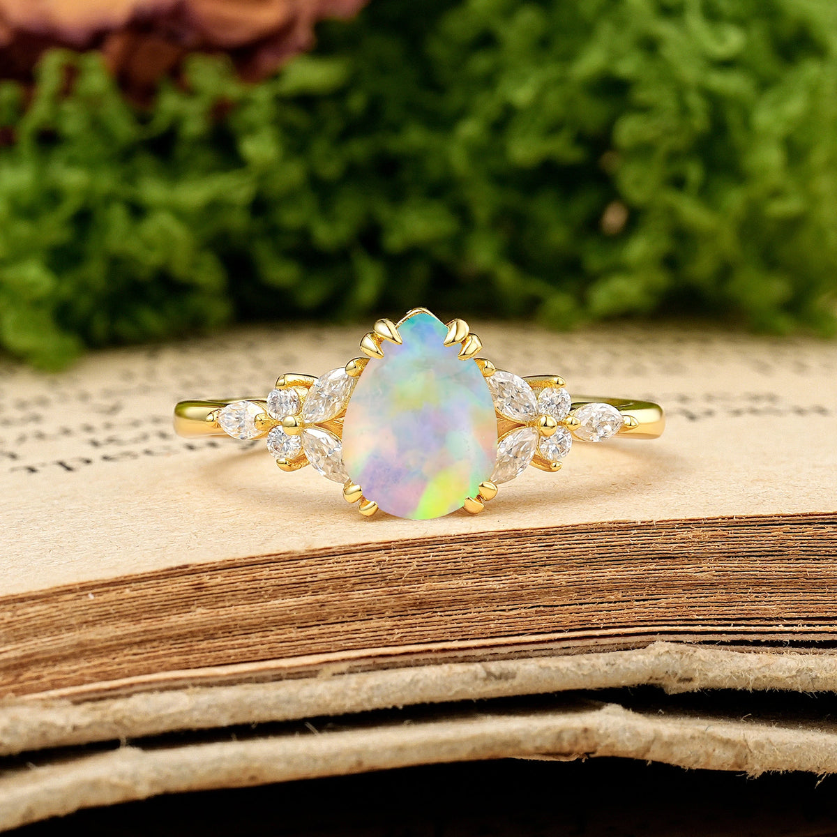 Pear Cut Fire Opal Three Stone Cluster Engagement Ring
