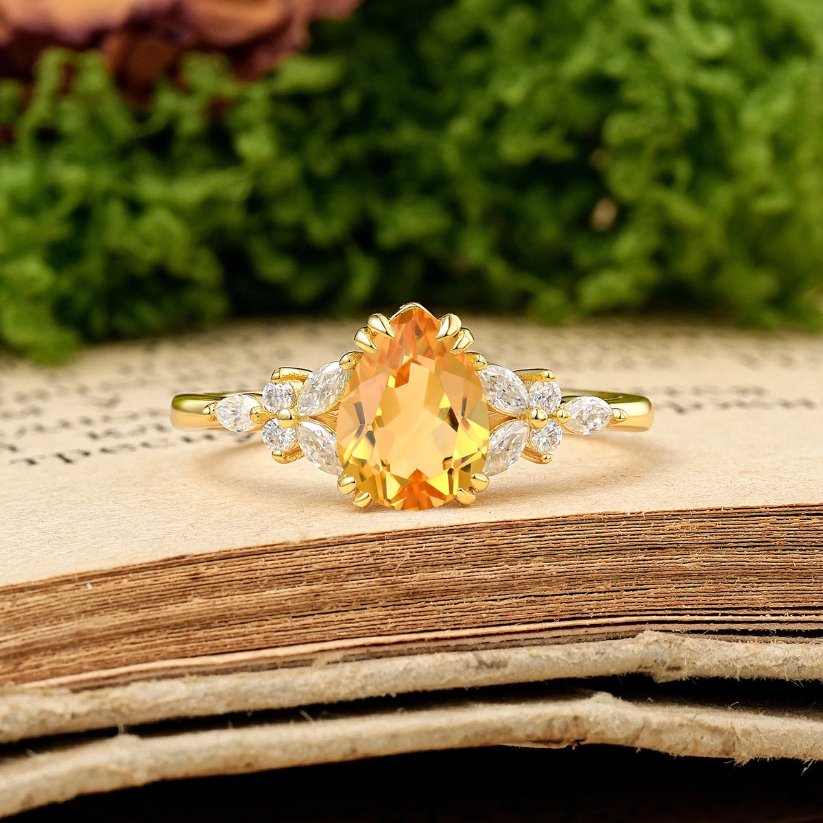 Pear Cut Citrine Three Stone Cluster Engagement Ring