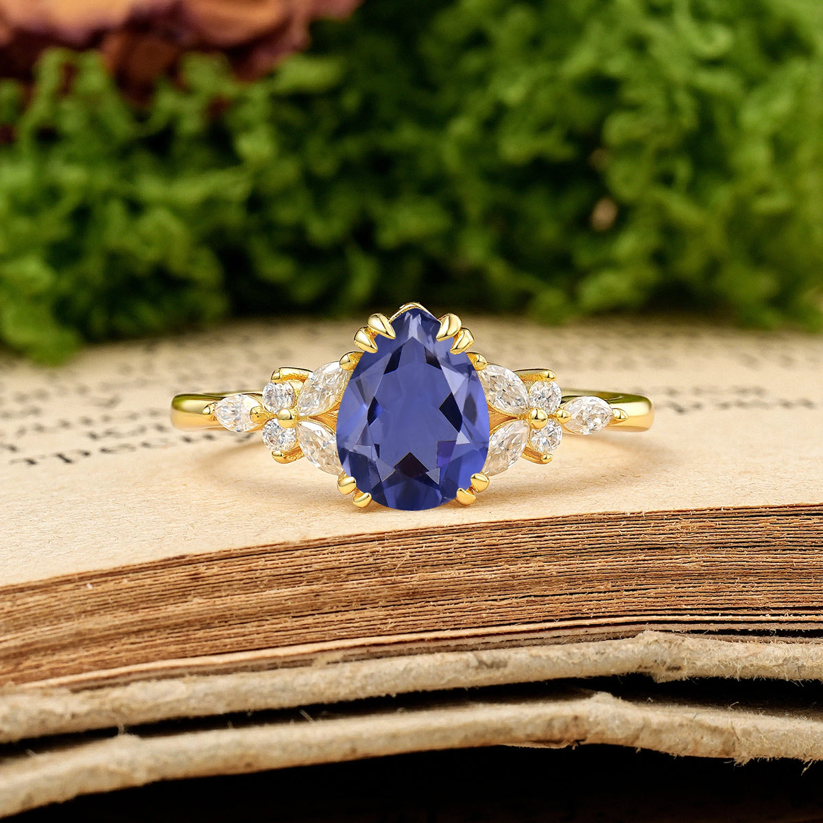 Pear Cut Tanzanite Three Stone Cluster Engagement Ring